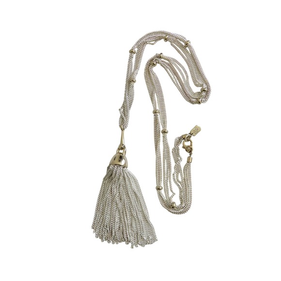 Ralph Lauren Long Silver Tone Necklace Tassel Pendant‎ Layered Chains Beads - Picture 4 of 4